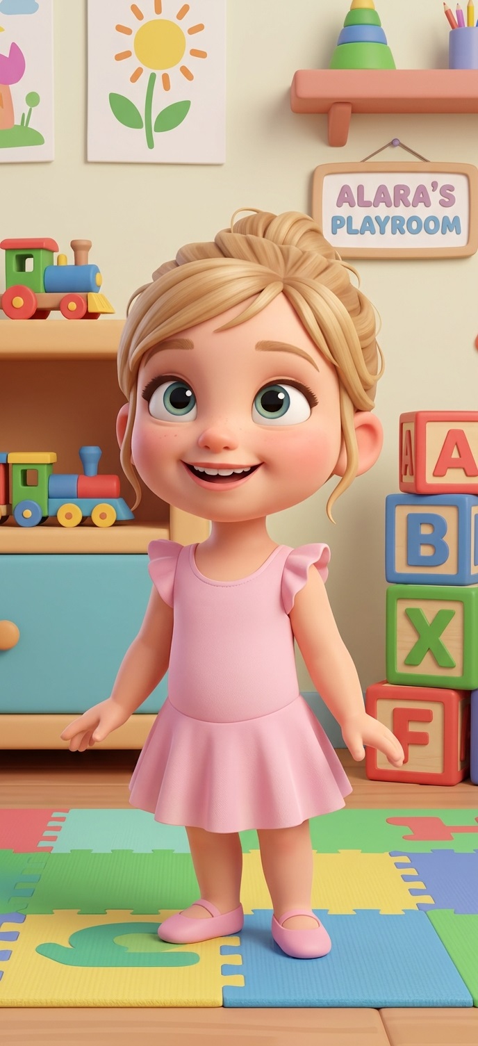 Cartoon avatar of Alara — a smiling blonde girl in a pink dress in her playroom